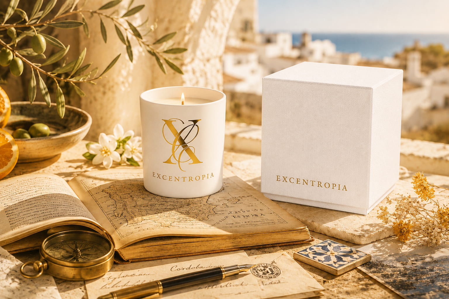 Colección Orígenes de Excentropía con vela artesanal y packaging inspirados en España.