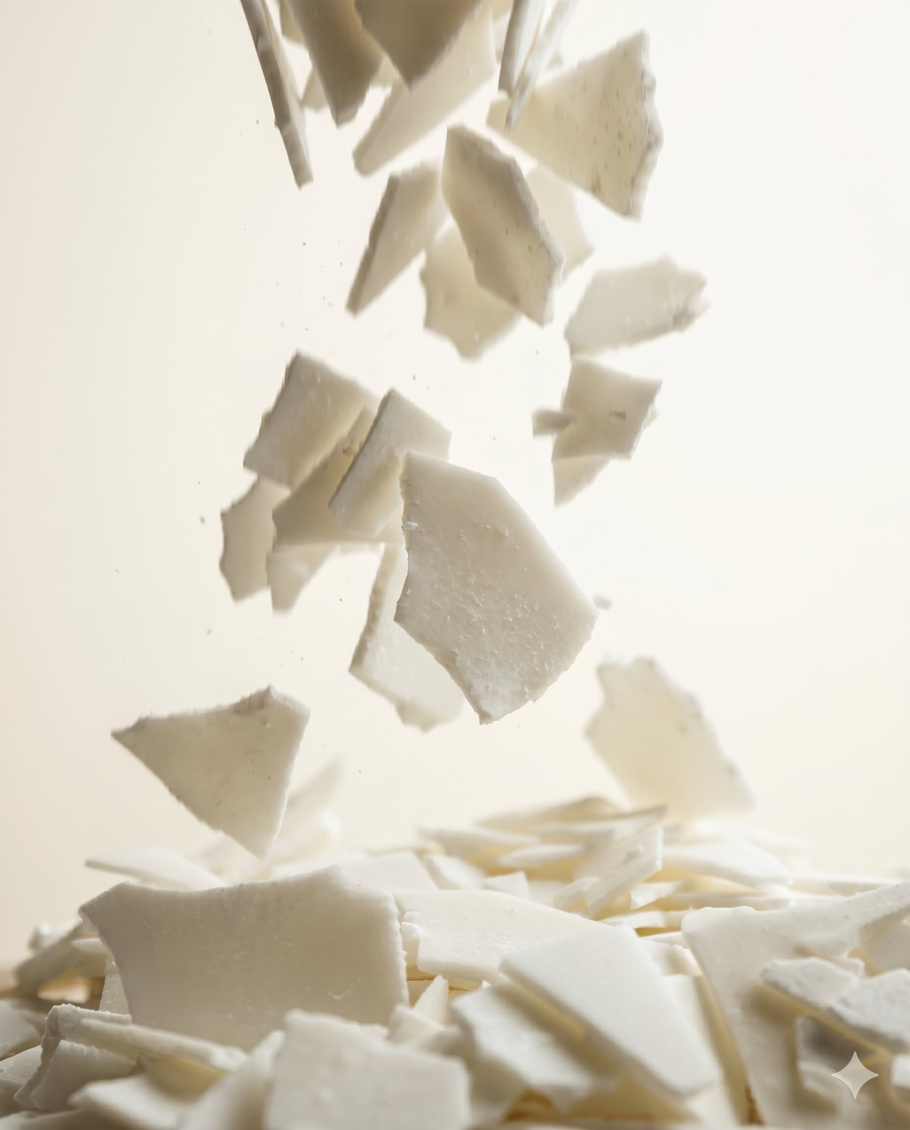 Fragmentos de cera vegetal cayendo durante el proceso de fabricación de velas artesanales.