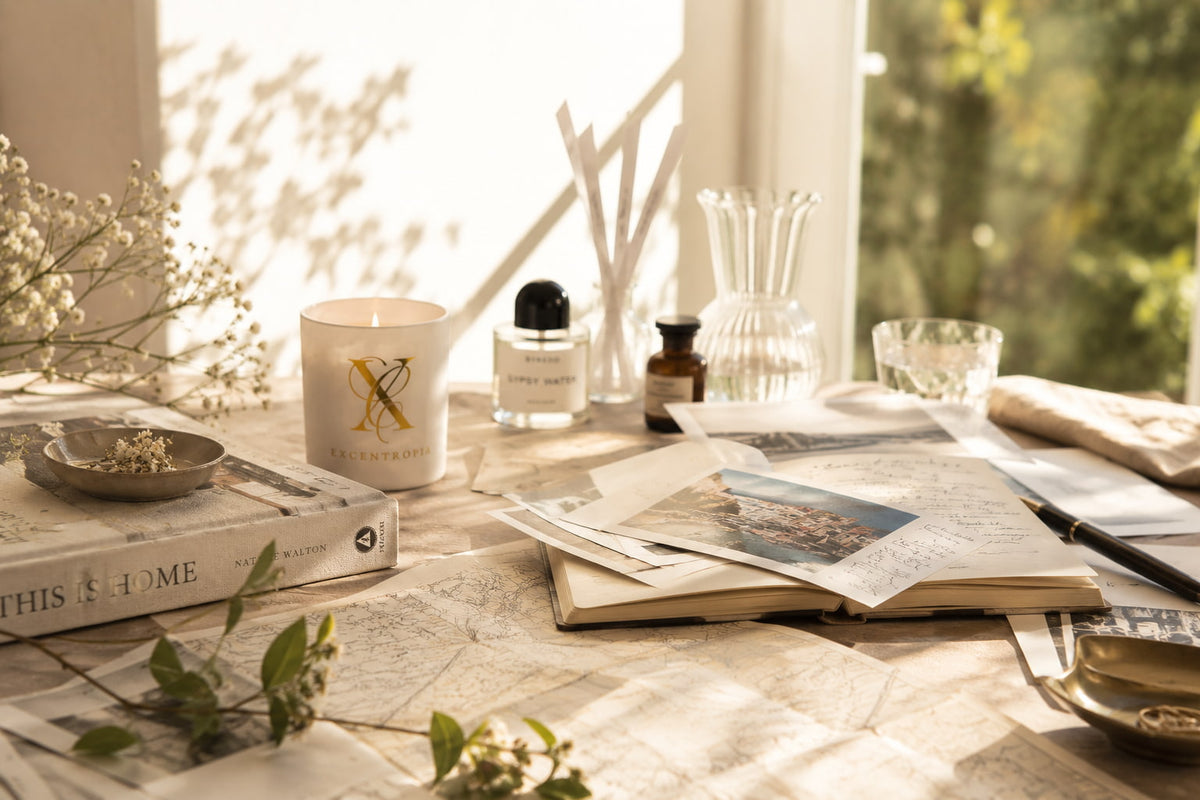 Vela artesanal Excentropía sobre una mesa con cuaderno, fotografías y elementos decorativos.
