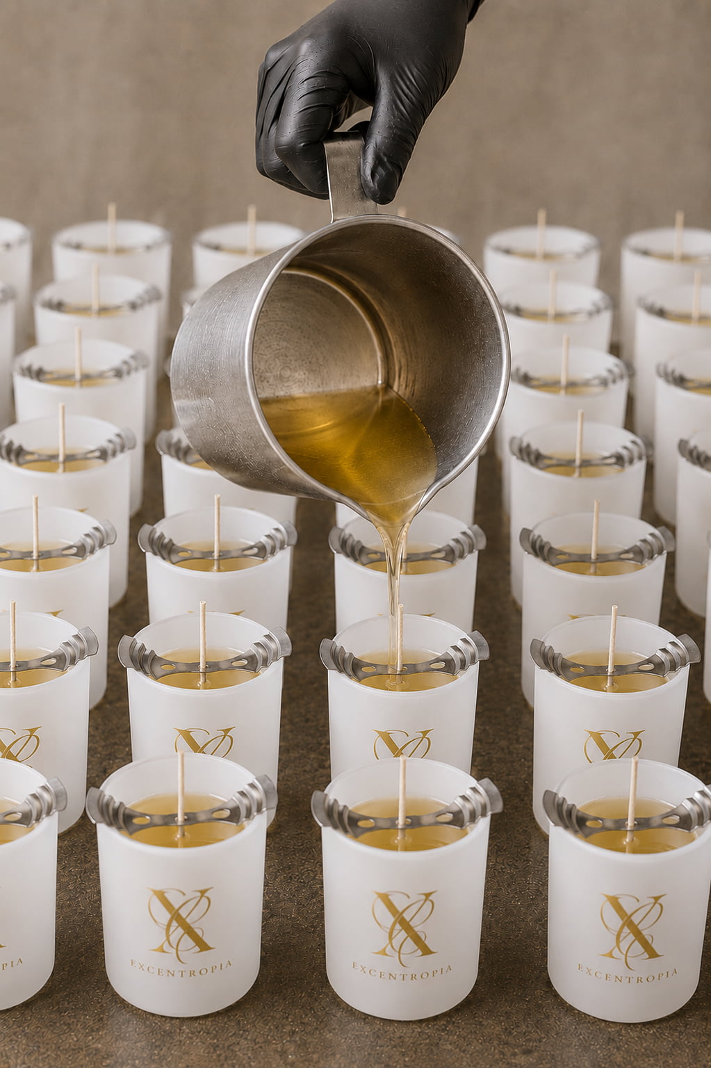 Proceso artesanal de vertido de cera en recipientes para velas.